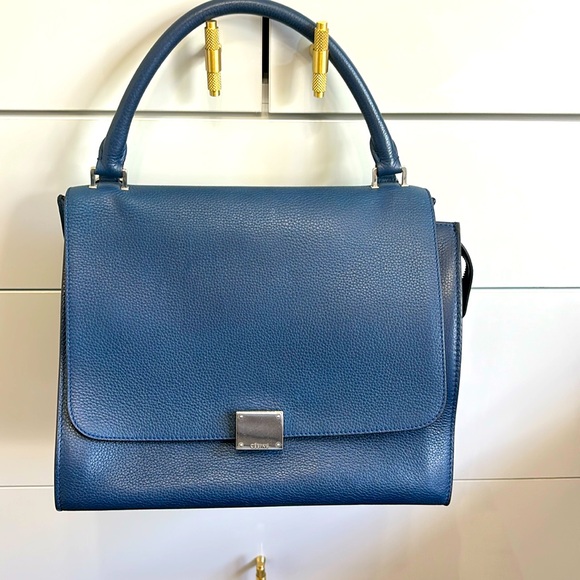 CELINE navy blue leather & suede TRAPEZE MEDIUM Bag - Picture 2 of 13